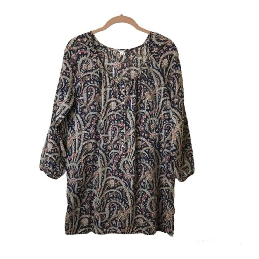 J Crew Size S Womens Popover Top Cotton Multicolor Paisley Print‎ 3/4 Sleeve